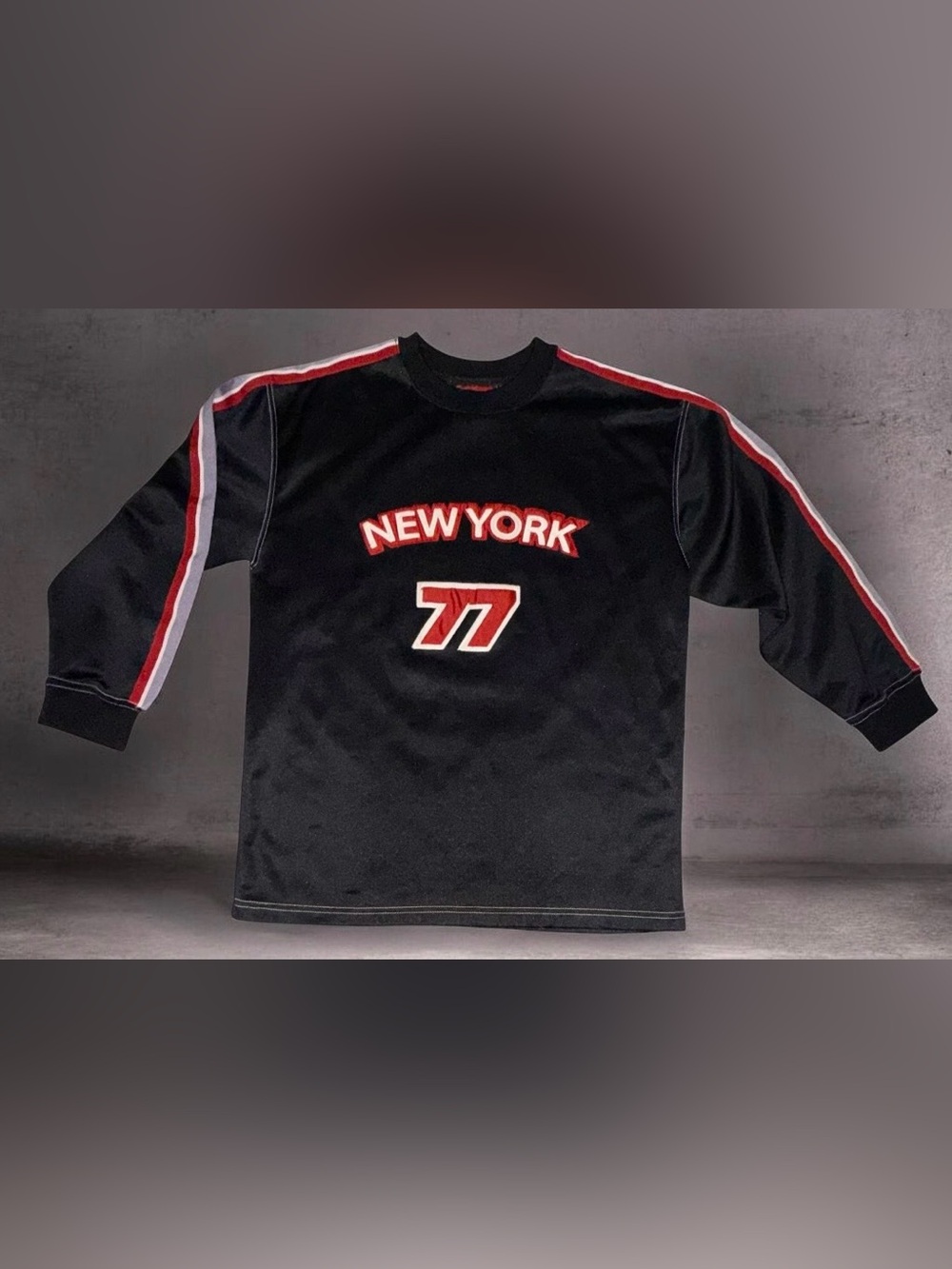Y2K UNDER Bulldog New York 77 Long Sleeve Jersey Shirt Black Red Youth L